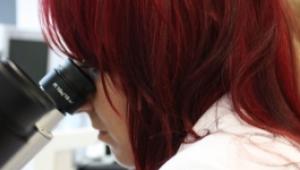 Das Bild zeigt eine Frau mit rotem, langem Haar in der Seitenansicht schulteraufwärts, sie trägt einen weißen Laborkittel und schaut in ein Mikroskop. Im Hintergrund ist ein weiteres Mikroskop und eine Laborumgebung zu erkennen.